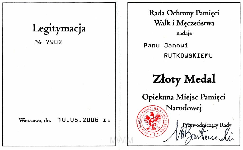 KKE 3274-2.jpg - Legitymacja ROPWiM " Opiekuna Miejsc pamięci Narodowej", Jana Rutkowskiego, Warszawa 2006 r.